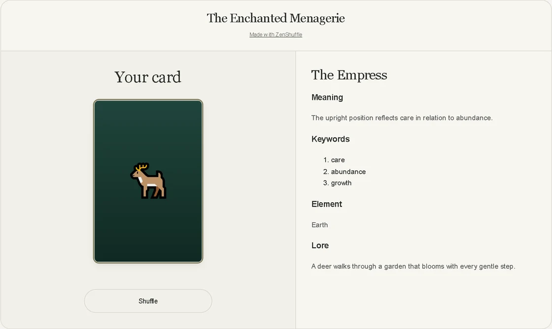 The public reader showing a card, its meaning, and its words.