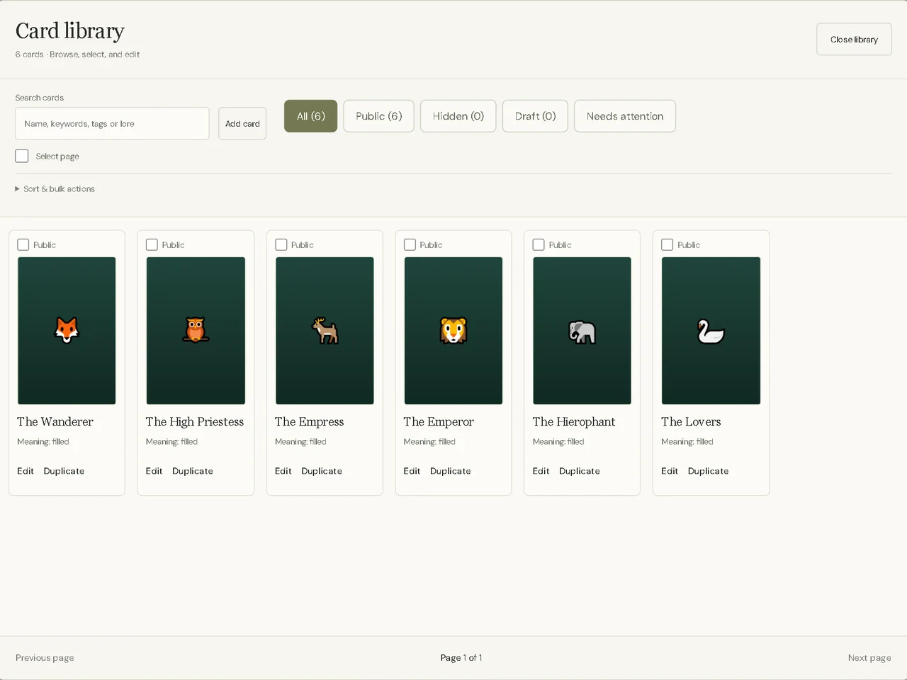 The Creator Studio card library with six animal cards.
