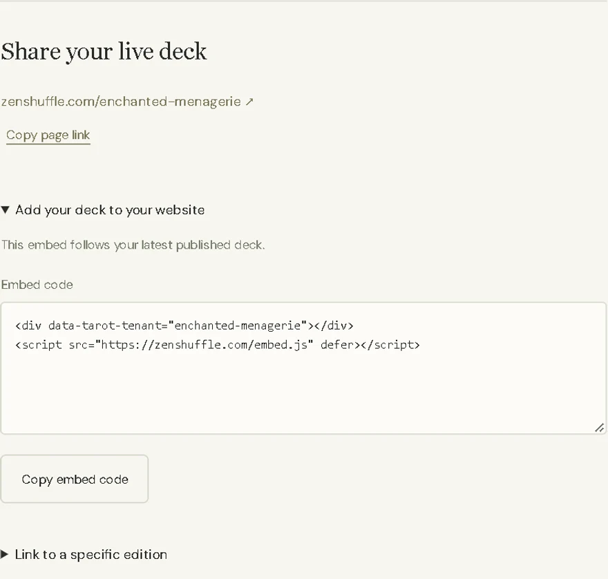 The Studio sharing controls with a page link and website code.